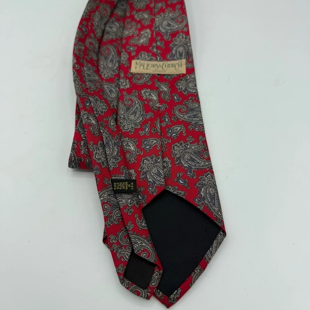 Mallory & Church Paisley Silk Tie Mens Red Gray Necktie 3x60 USA Made